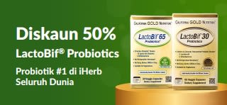 Sepanduk mempromosikan diskaun 50% LactoBif, probiotik #1 di iHerb