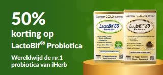 Banner voor 50% korting op LactoBif, de nummer 1 probiotica op iHerb