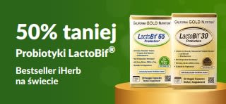 Baner promujący 50% zniżki na LactoBif, probiotyk nr 1 na iHerb