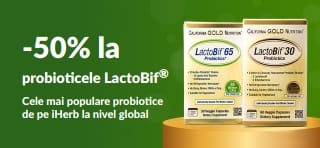 Banner ce promovează 50% reducere la LactoBif, cele mai populare probiotice de pe iHerb.