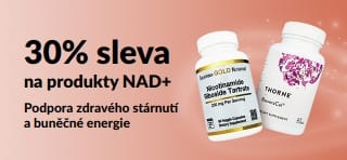 Banner propagující 30% slevu na produkty NAD+, které podporují zdravé stárnutí a buněčnou energii.