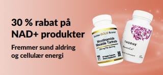 Banner, der reklamerer for 30 % rabat på NAD+ produkter, der understøtter sund aldring og cellulær energi