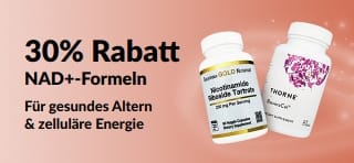 Banner, das für 30 % Rabatt auf NAD+-Präparate wirbt, die gesundes Altern und die Zellenergie unterstützen