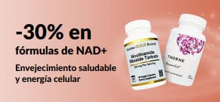 Banner que promociona 30% de descuento en fórmulas de NAD+ que favorecen un envejecimiento saludable y la energía celular
