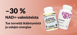 Banneri, joka tarjoaa 30 % alennusta NAD+-valmisteista terveellisen ikääntymisen ja solujen energian tueksi