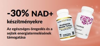 NAD+ készítményekre 30% kedvezményt hirdető banner: Az egészséges öregedés és a sejtek energiatermelésének támogatása
