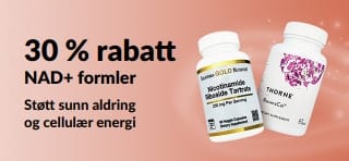 Banner som promoterer 30 % rabatt på NAD+ formler som støtter sunn aldring og cellulær energi