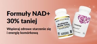 Baner promujący 30% zniżki na formuły NAD+ wspierające zdrowe starzenie się i energię komórkową