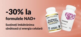 Banner ce promovează 30% reducere la formulele NAD+, care susțin îmbătrânirea sănătoasă și energia celulară.