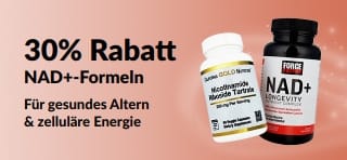 Banner, das für 30 % Rabatt auf NAD+-Präparate wirbt, die gesundes Altern und die Zellenergie unterstützen