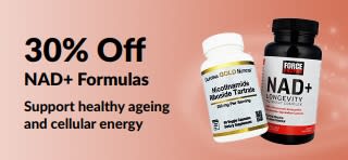 Banner promoting 30% off NAD+ Formulas that support healthy ageing and cellular energy