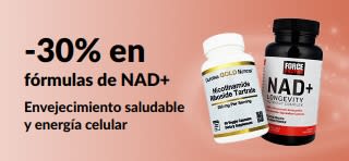 Banner que promociona 30% de descuento en fórmulas de NAD+ que favorecen un envejecimiento saludable y la energía celular