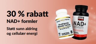 Banner som promoterer 30 % rabatt på NAD+ formler som støtter sunn aldring og cellulær energi