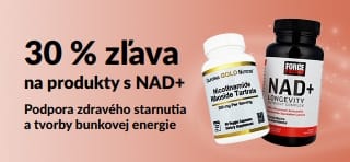 Banner propagujúci 30 % zľavu na produkty s NAD+, ktoré podporujú zdravé starnutie a tvorbu bunkovej energie