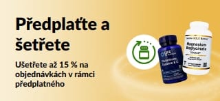 Banner propagující program Předplaťte a šetřete, ve kterém mohou zákazníci ušetřit až 15 % na objednávkách v rámci předplatného.