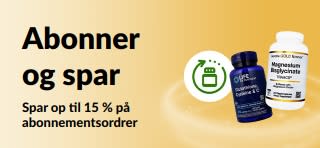 Banner, der reklamerer for iHerbs Abonner og spar-tilbud, hvor kunderne kan spare op til 15 % på abonnementsordrer