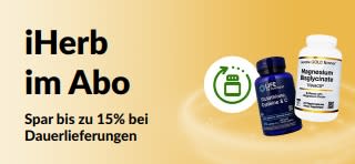 Banner, das für das Spar-Abo von iHerb wirbt, bei dem Kund*innen bei Abonnementbestellungen bis zu 15 % sparen können