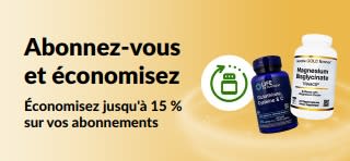 Bannière présentant l'abonnement iHerb, avec jusqu'à 15 % d'économies sur les commandes récurrentes