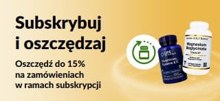 Baner promujący usługę Subskrybuj i oszczędzaj na iHerb, dzięki której klienci mogą zaoszczędzić do 15% na zamówieniach w subskrypcji