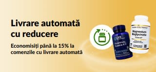 Banner ce promovează livrarea automată cu reducere de la iHerb, prin care clienții pot economisi până la 15% la comenzile recurente.