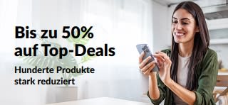 Banner, das für bis zu 50% Rabatt auf Top-Angebote wirbt