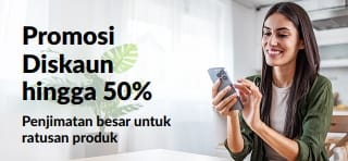 Sepanduk mempromosikan tawaran diskaun hingga 50%