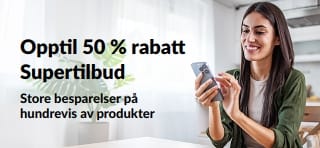 Banner som fremhever opptil 50 % rabatt på supertilbud