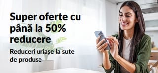 Banner ce promovează super oferte cu până la 50% reducere.
