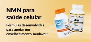 Banner promovendo “NMN para saúde celular”, com fórmulas desenvolvidas para apoiar um envelhecimento saudável.