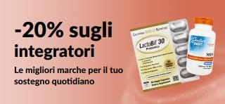 Banner che promuove il 20% di sconto sugli integratori