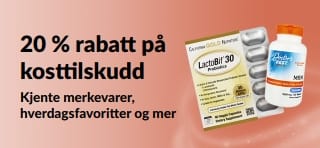 Banner som fremmer 20 % rabatt på kosttilskudd