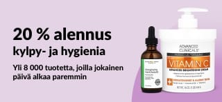 iHerb-banneri, jossa tarjotaan 20 % alennusta kylpy- ja hygieniatuotteista.