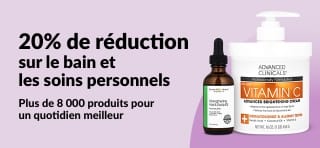 Bannière iHerb offrant 20 % de réduction sur les produits pour le bain et les soins personnels.