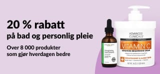 iHerb-banner som tilbyr 20 % rabatt på alt innen bad og personlig pleie.