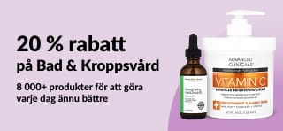 iHerb-banner som erbjuder 20 % rabatt på produkter för Bad & Kroppsvård.