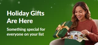Holiday Gifts banner featuring a smiling woman opening a green gift box filled with skincare serums, with text reading 'Holiday Gifts - Something special for everyone on your list.'