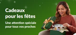 Bannière « Cadeaux pour les fêtes » avec une femme ouvrant un coffret vert rempli de sérums.