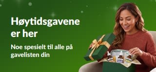 Banner for høytidsgaver med en smilende kvinne som åpner en grønn gaveeske fylt med hudpleieserum, med teksten «Høytidsgaver – noe spesielt til alle på listen din».
