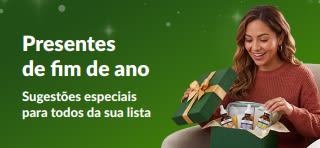 Banner de presentes de fim de ano com uma mulher sorrindo ao abrir uma caixa de presente verde com séruns de skincare e o texto: “Presentes de fim de ano. Sugestões especiais para todos da sua lista”.