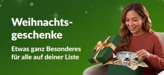 Weihnachtsgeschenke-Banner: Es zeigt eine lächelnde Frau, die ein geschenk mit Hautpflege-Seren öffnet. Daneben der Text: Weihnachtsgeschenke - Etwas ganz Besonderes für all auf deiner Liste