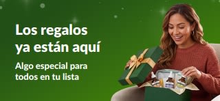Banner de regalos festivos con una mujer sonriente abriendo un regalo verde lleno de sérums para el cuidado de la piel.
