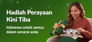 Spanduk Hadiah Perayaan dengan wanita tersenyum membuka kotak hadiah hijau berisi serum penjagaan kulit, dengan teks 