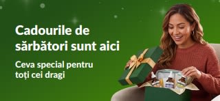 Banner cu cadouri de sărbători, cu femeie ce deschide o cutie cu seruri pentru ten, cu textul „Cadouri de sărbători – Ceva special pentru toți cei dragi”.
