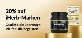 Mit dem Aktionscode OCT26HB erhältst du 20% Rabatt auf iHerb-Markenprodukte, darunter CollagenUP, Kreatin-Monohydrat und LactoBif 30 Probiotika von California Gold Nutrition.