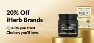 Get 20% off iHerb Brands with promo code OCT26HB, featuring California Gold Nutrition CollagenUP, Creatine Monohydrate, and LactoBif 30 Probiotics.