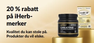 Få 20 % rabatt på iHerb-merker med rabattkoden OCT26HB, inkludert California Gold Nutrition CollagenUP, kreatinmonohydrat og LactoBif 30 Probiotics.