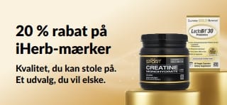 Få 20 % rabat på iHerb-mærker med kampagnekoden OCT26HB, herunder California Gold Nutrition CollagenUP, kreatinmonohydrat og LactoBif 30 Probiotics.