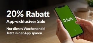 Werbe-Banner für den „20 % Rabatt – Exklusiv in der App“-Sale, auf dem ein Smartphone mit dem iHerb-Logo zu sehen ist. Der Text lautet: „20 % Rabatt – Exklusiv in der App. Nur dieses Wochenende! Code: OCT26APP“.