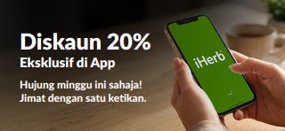 Sepanduk promo Diskaun 20% Jualan Eksklusif di App menunjukkan telefon pintar dengan logo iHerb. Dengan teks: 