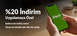 20% Off App-Exclusive Sale promo banner showing a smartphone with the iHerb logo. Text reads: 